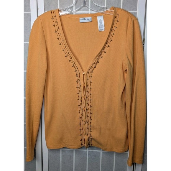 villager Sweaters - Villager Liz Claiborne Women's Cardigan Medium Mustard Gold Beaded‎ Long Sleeve